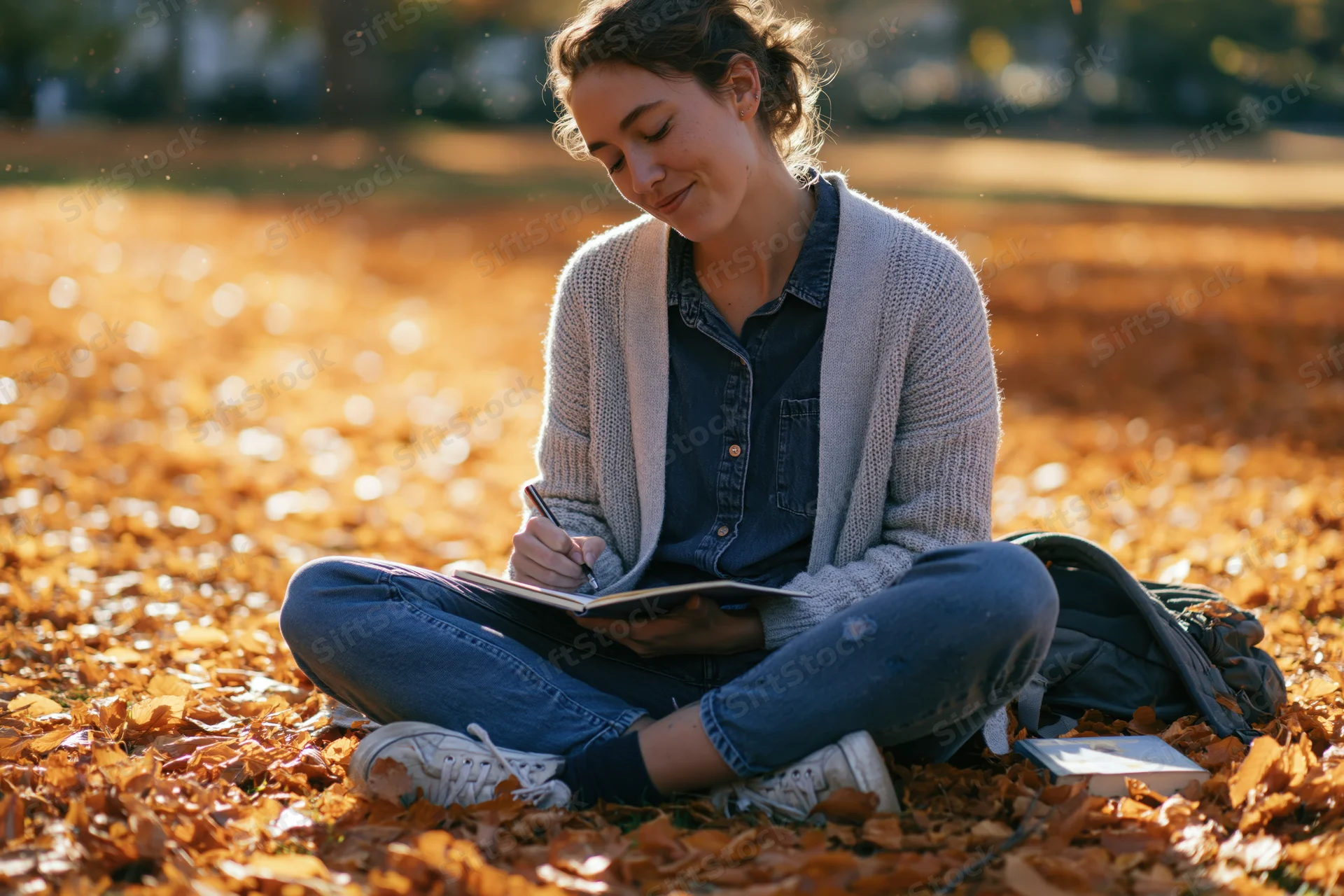 Woman writing in a notebook while sitting cross-legged on autumn leaves in a park