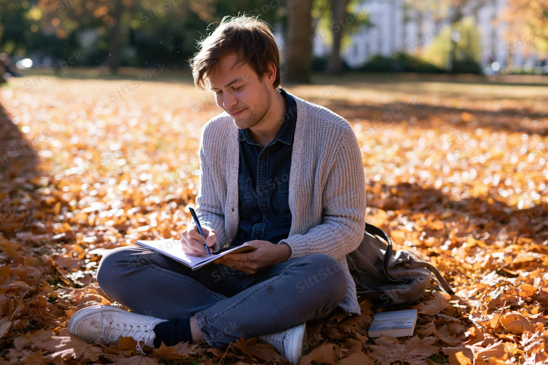 Young man writing in a notebook while sitting cross-legged on autumn leaves in a park
