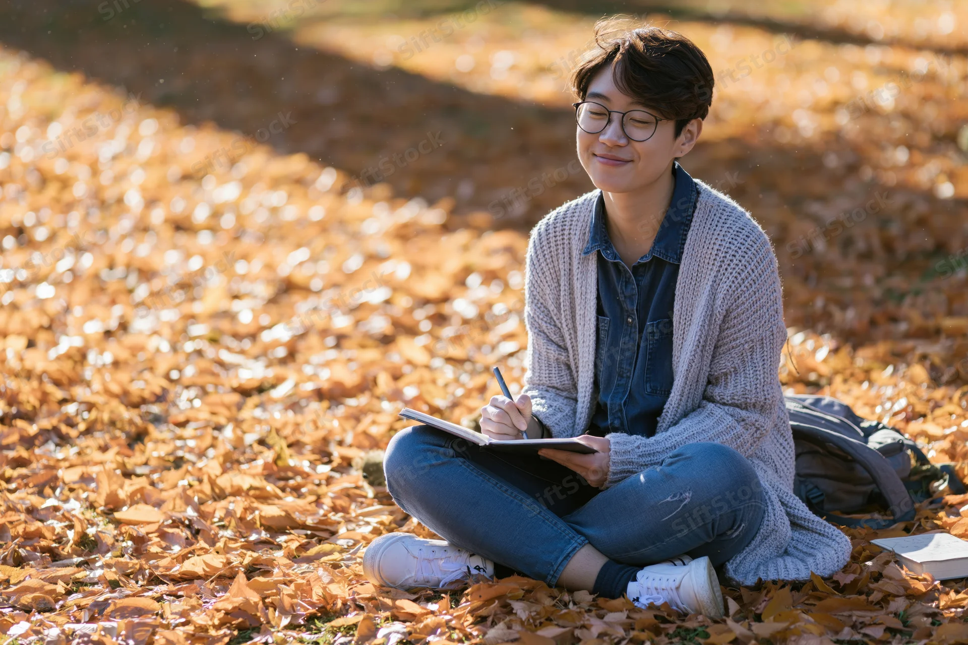 Young asian woman writing in a notebook while sitting cross-legged on fallen autumn leaves in a park