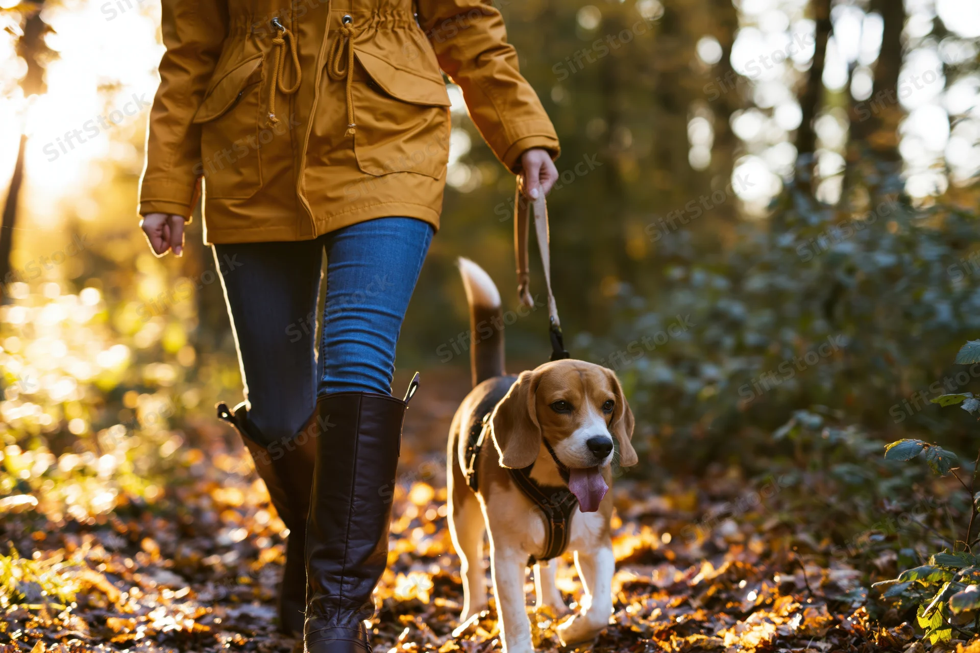 Woman walking a beagle on a forest trail in autumn