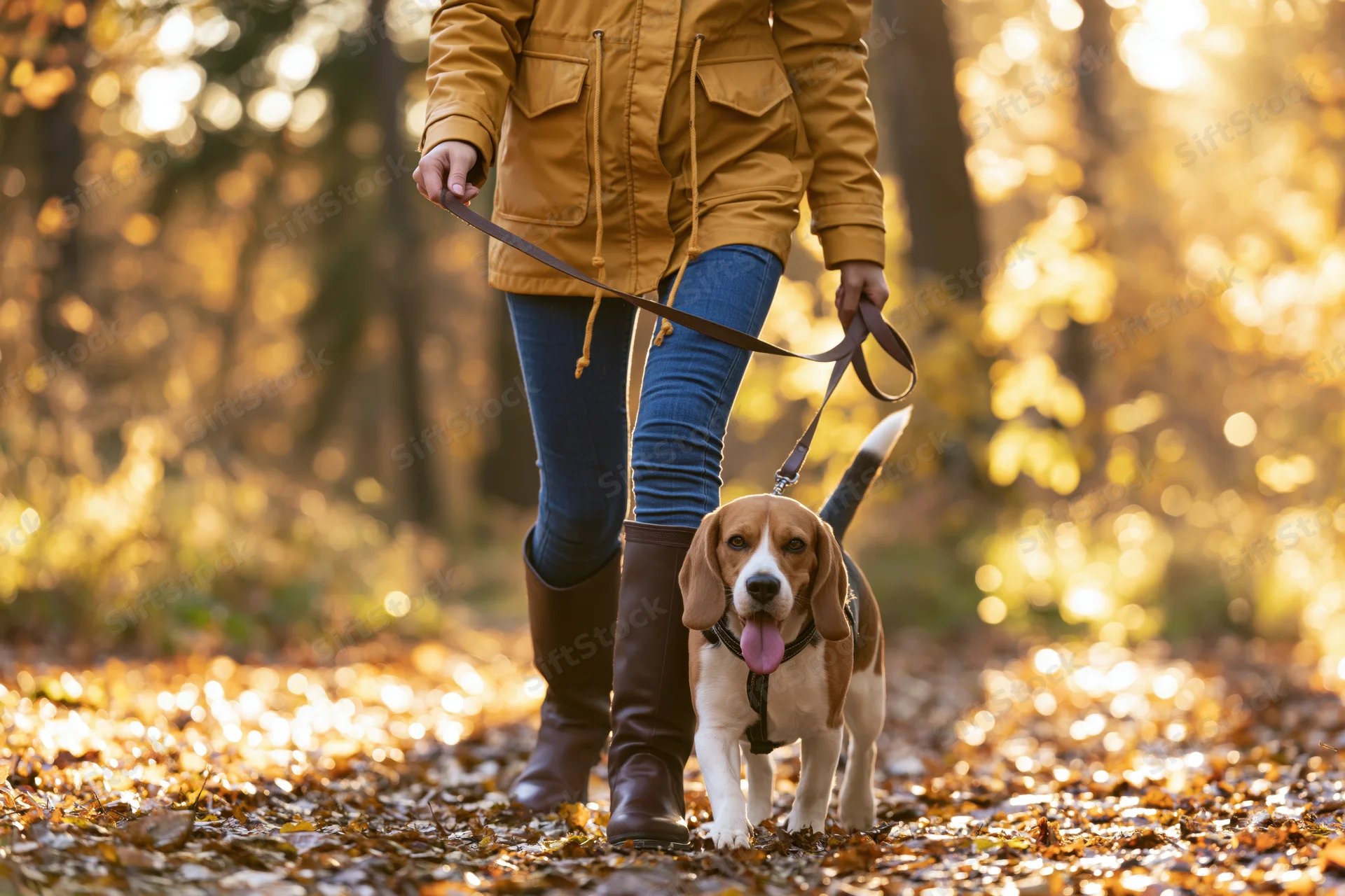 Woman walking a beagle on a forest path covered in autumn leaves during golden hour