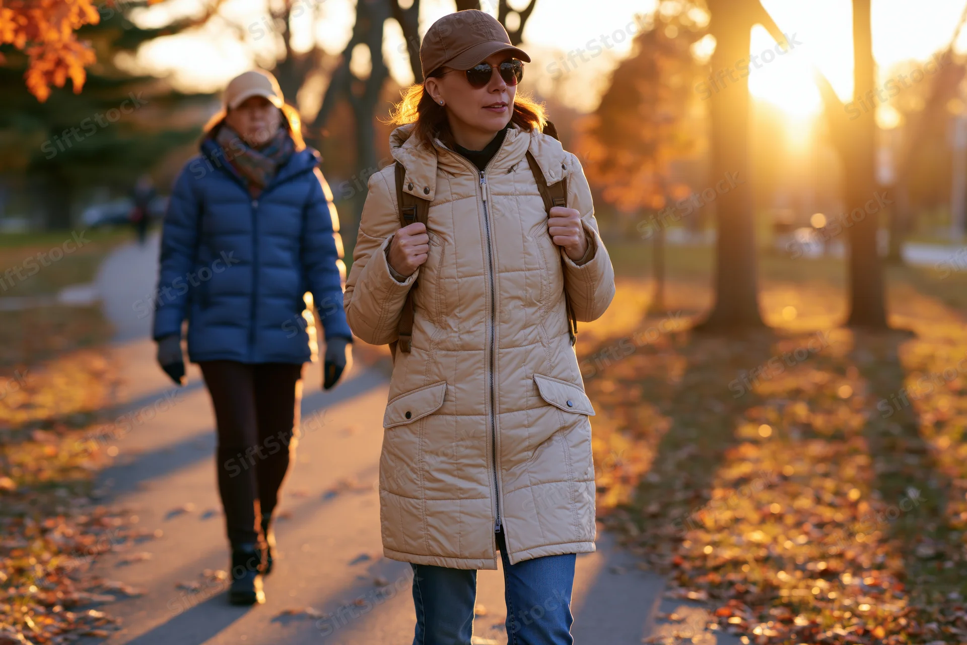 Two women walking along a leaf-covered path in a park during golden hour