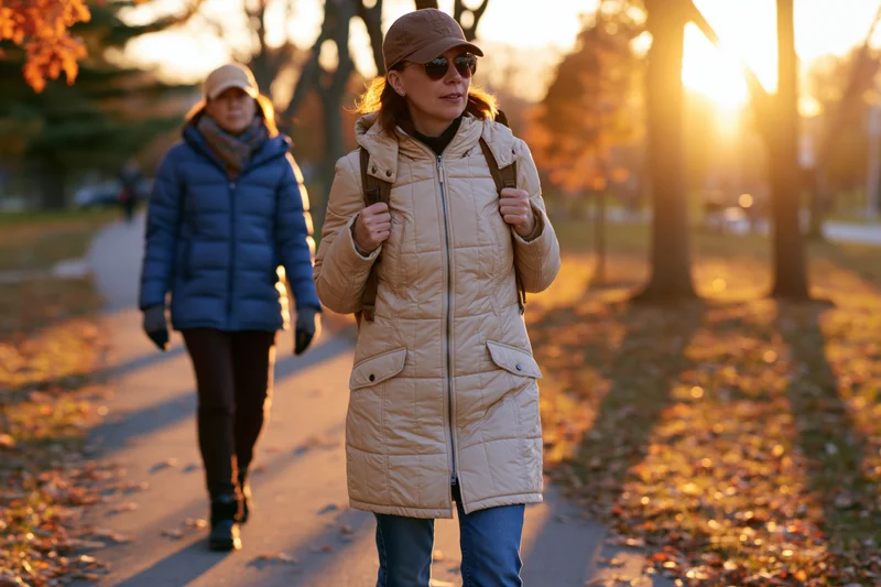 Two women walking along a leaf-covered path in a park during golden hour