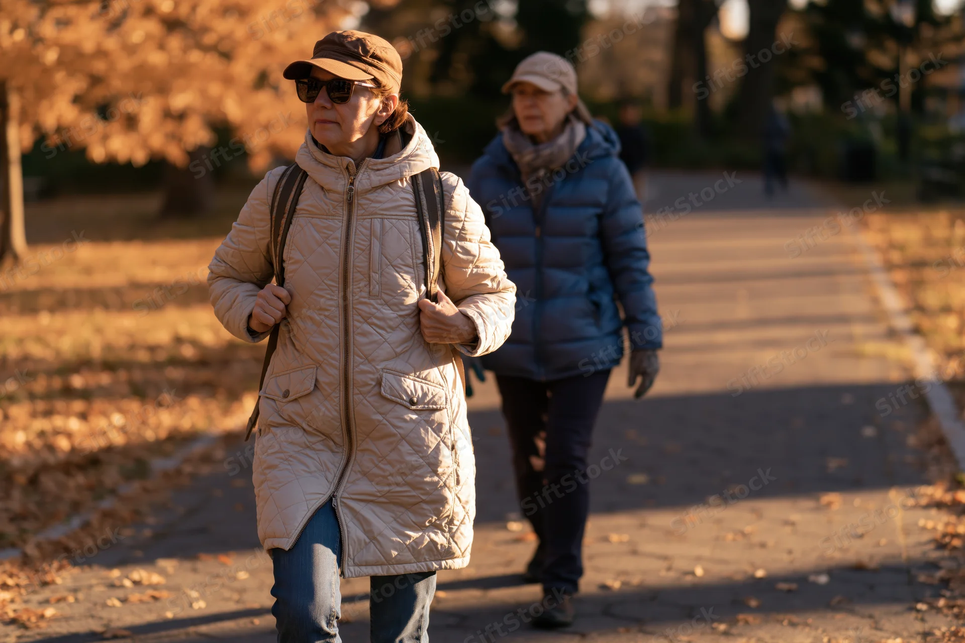 Two women walking along a paved path in a park during autumn, wearing jackets and hats, surrounded by fallen leaves and trees in warm sunlight