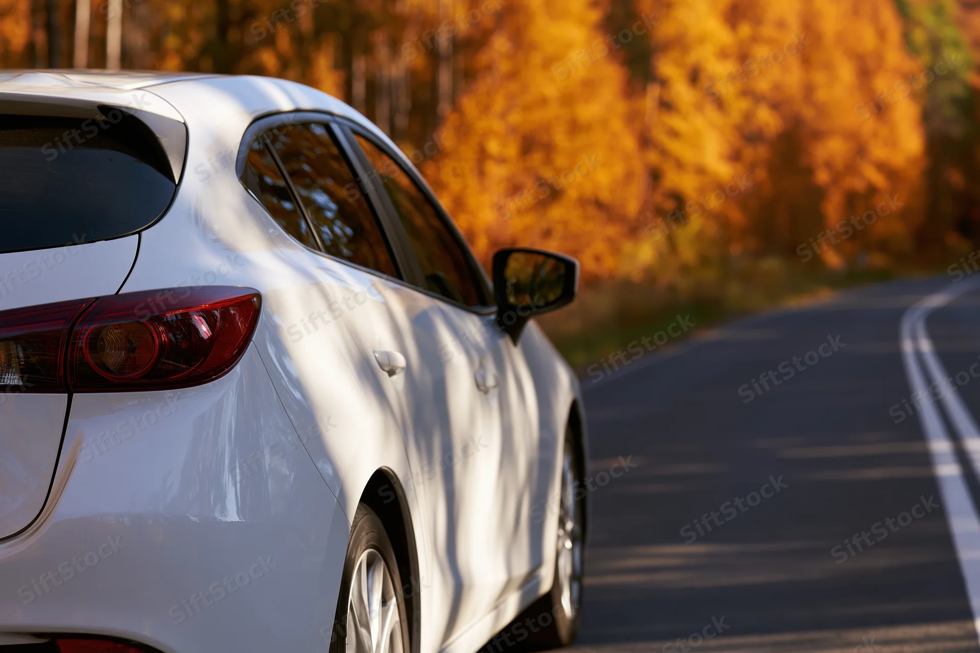 White hatchback driving on a winding road lined with autumn trees