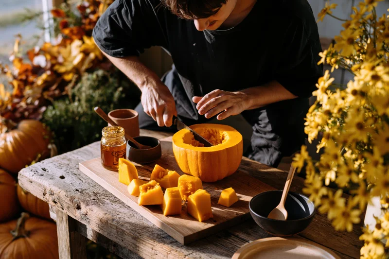 Man carving pumpkin on wooden table surrounded by autumn flowers and harvest vegetables