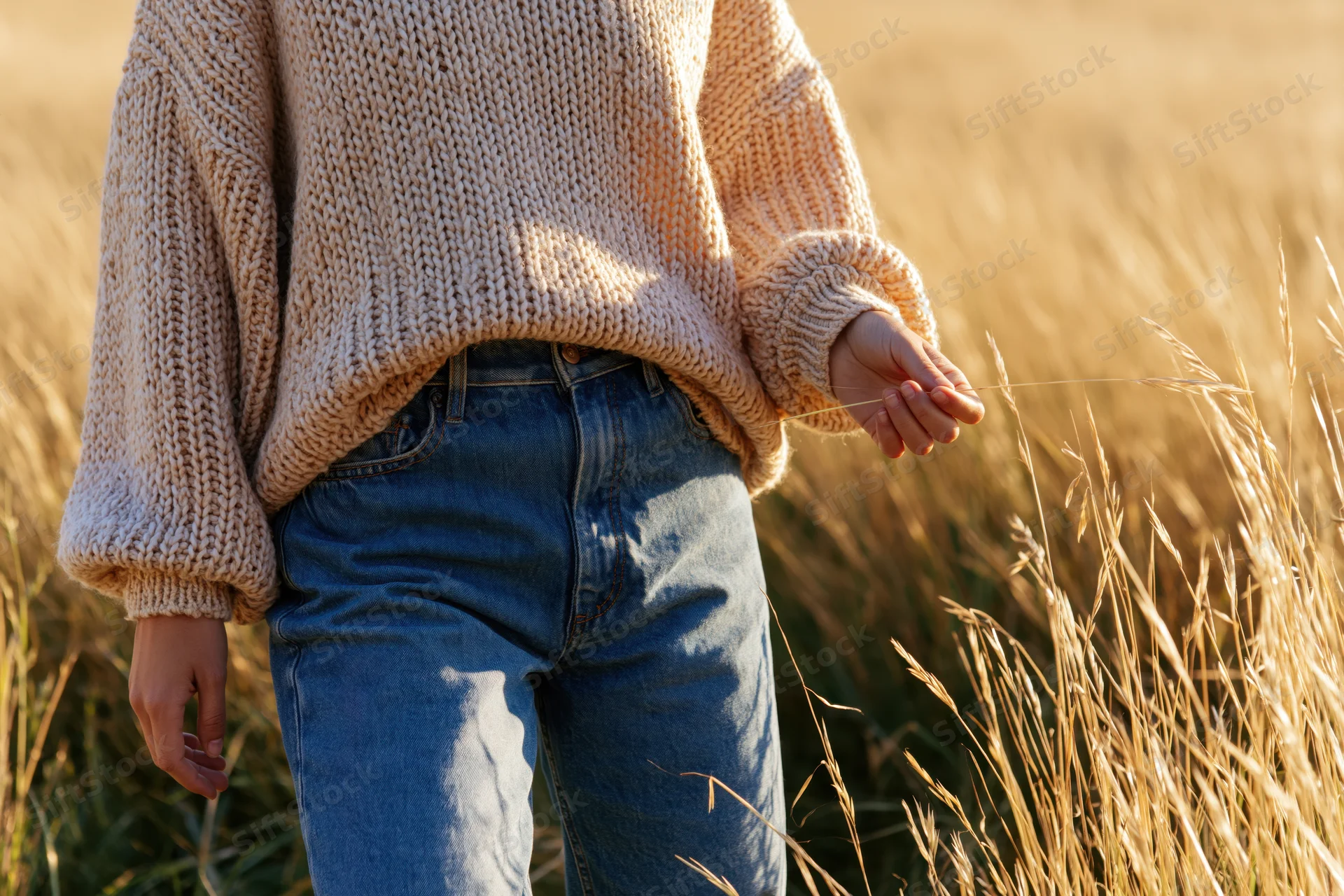 Woman in chunky beige knit sweater and jeans standing in golden wheat field during autumn sunlight