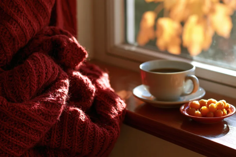 Coffee cup and bowl of fruit on windowsill beside red knitted sweater in autumn sunlight