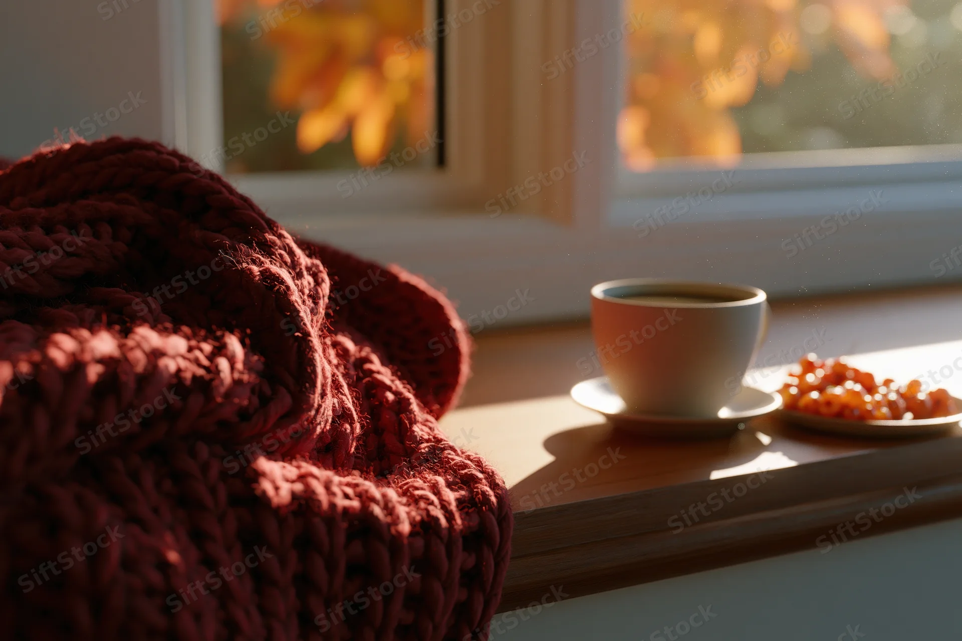 Thick knit sweater resting on a windowsill beside a cup of coffee and dried fruit, with autumn leaves visible outside
