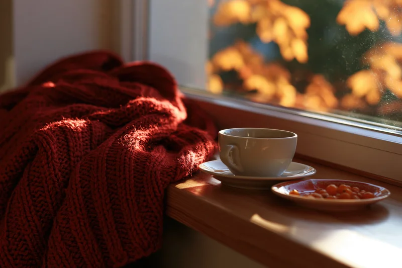 Red knitted sweater draped on windowsill beside white cup and saucer with fruit plate, sunlight streaming through autumn foliage outside