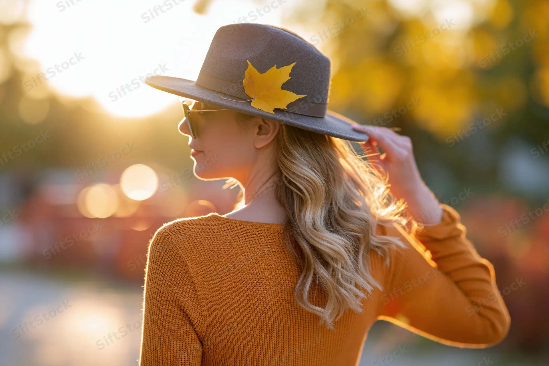Woman in profile wearing a hat with maple leaf and sunglasses, outdoors in golden hour light