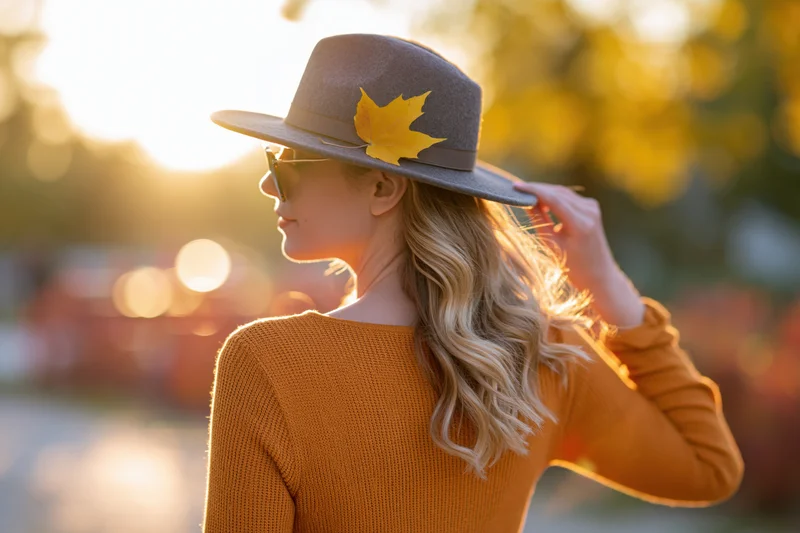Woman in profile wearing a hat with maple leaf and sunglasses, outdoors in golden hour light