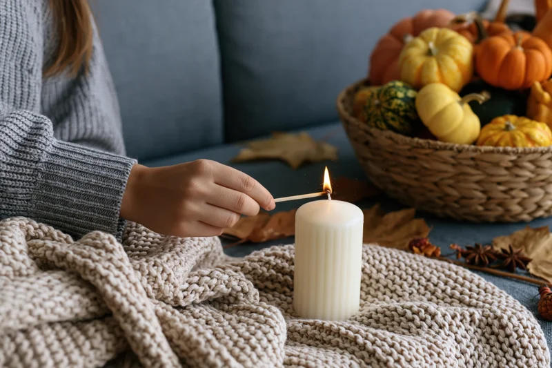 Woman lighting a candle with a match on a knitted blanket beside a basket of pumpkins and autumn leaves