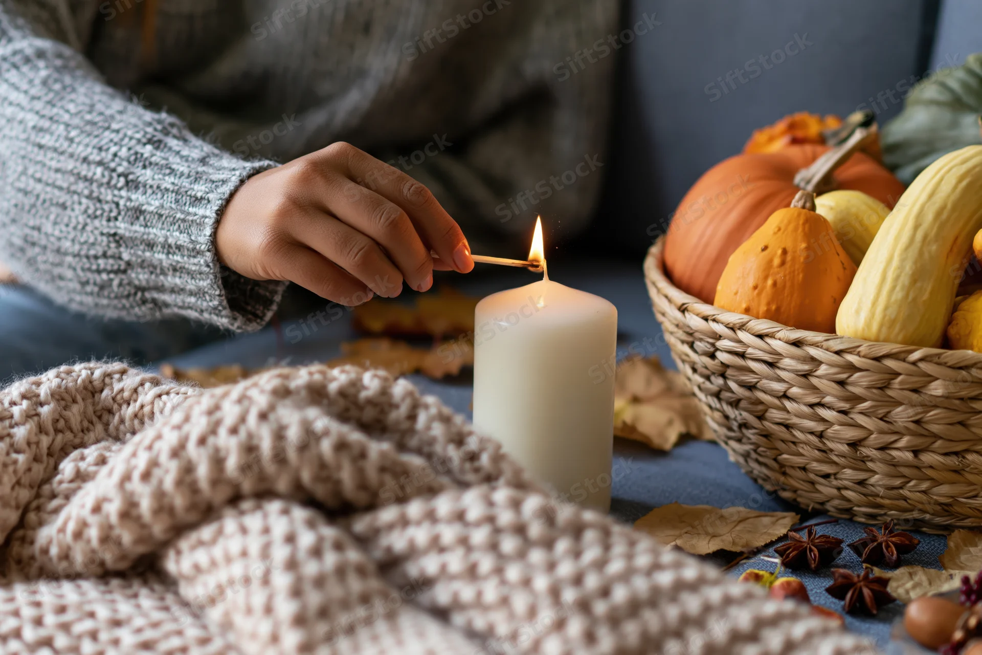 Hand lighting a candle beside a basket of pumpkins and gourds on a cozy autumn blanket