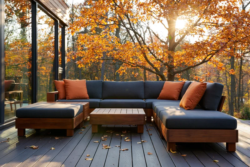 Modern sectional sofa with cushions on a wooden deck beside a glass-walled house surrounded by autumn trees