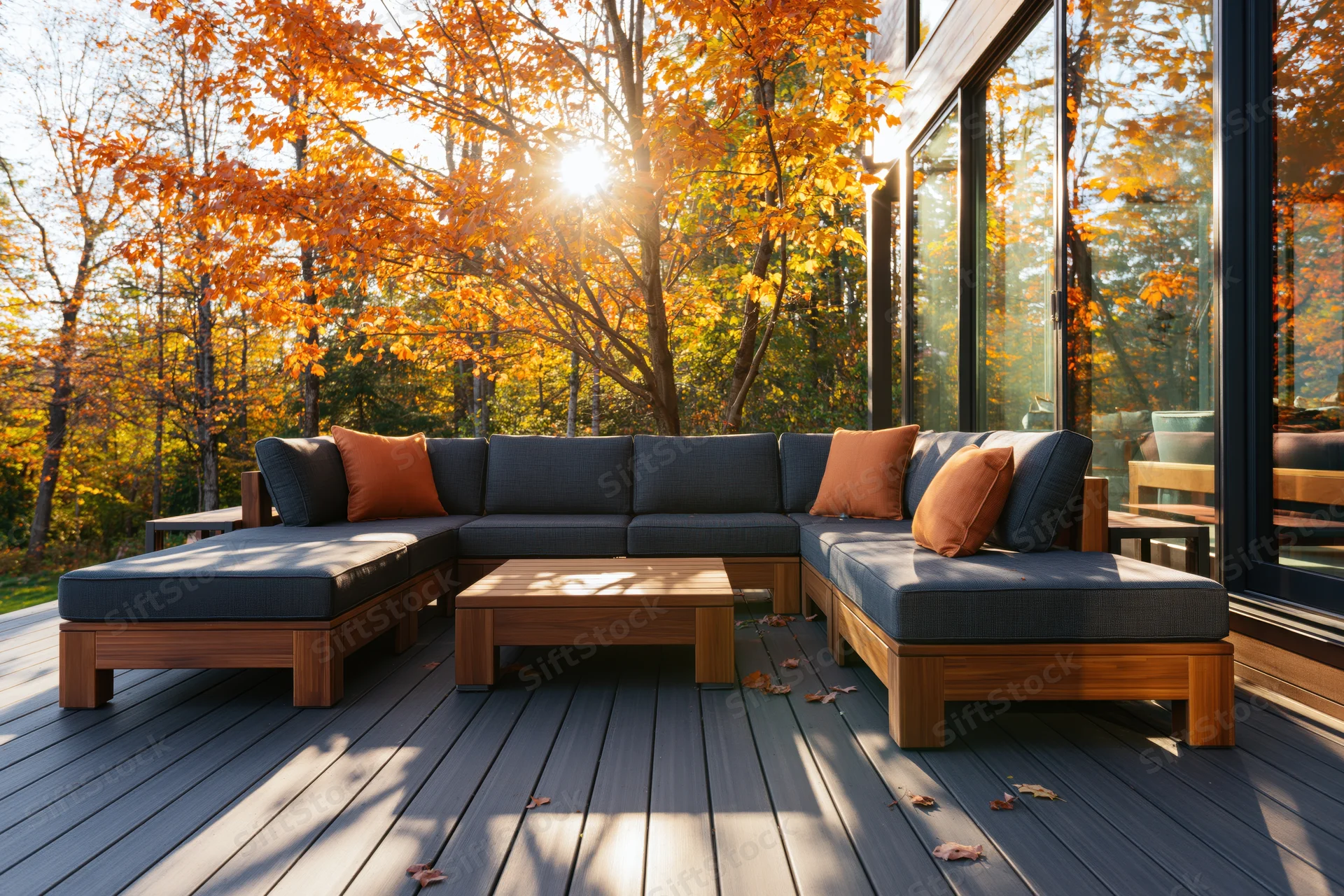 Modern outdoor deck with sectional sofa and wooden furniture beside glass-walled house in autumn foliage