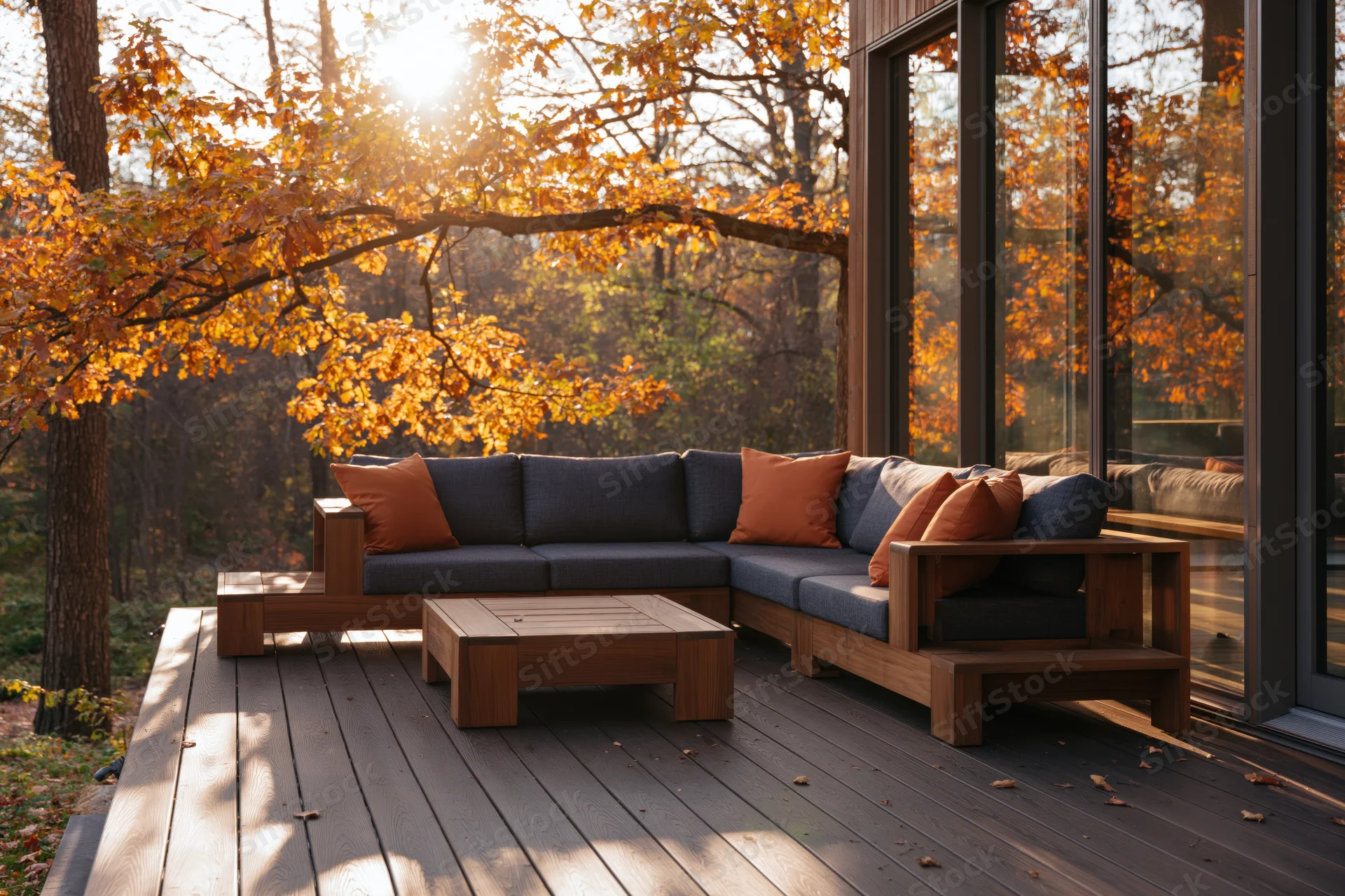 Modern wooden deck with sectional sofa and coffee table beside glass-walled house in autumn forest