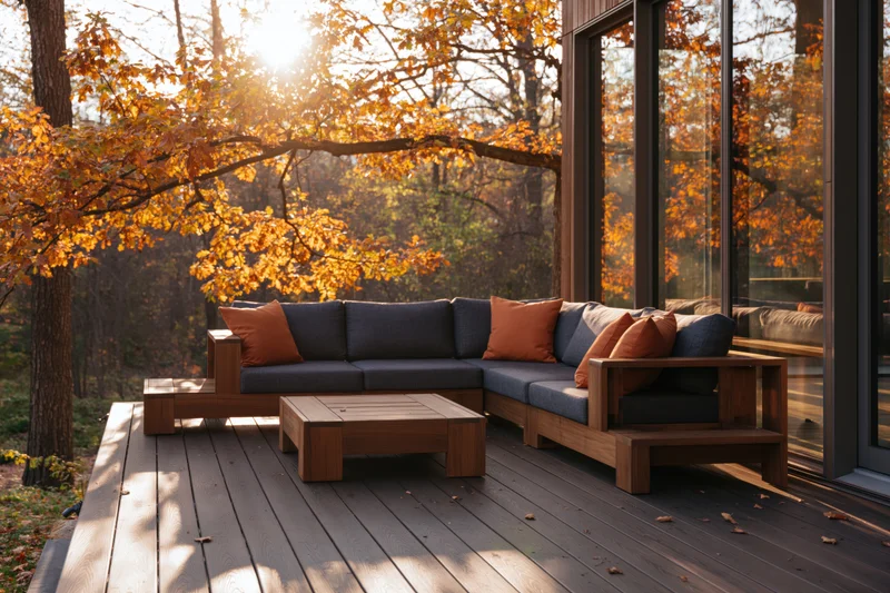 Modern wooden deck with sectional sofa and coffee table beside glass-walled house in autumn forest