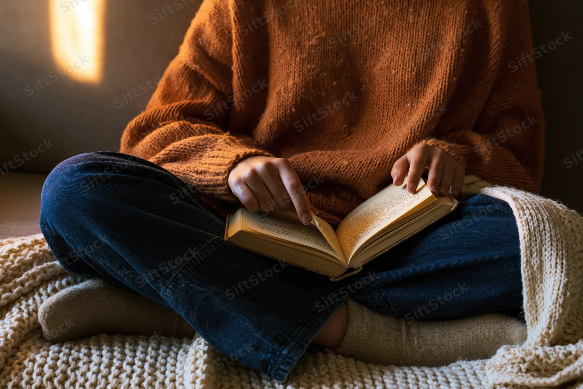 Woman reading a book while sitting cross-legged on a knitted blanket indoors