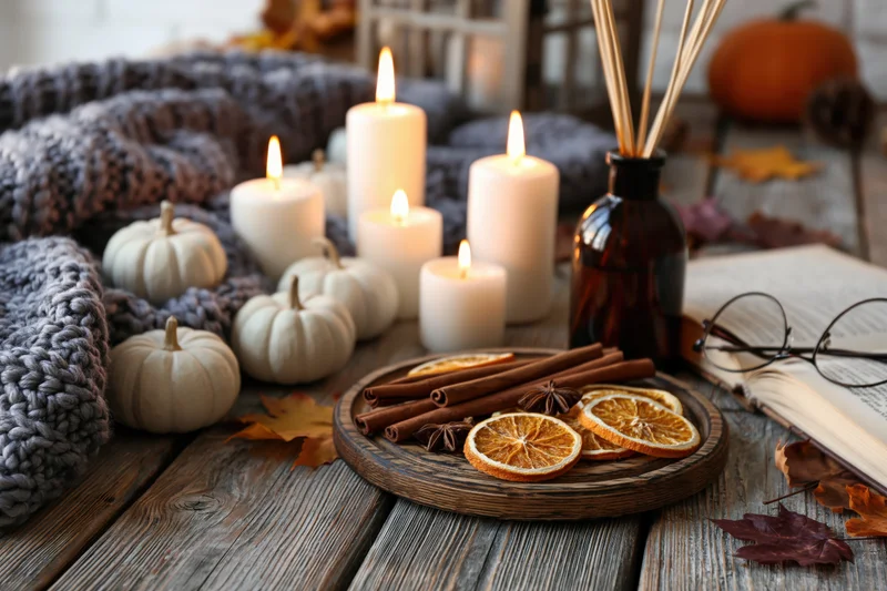 Autumn still life with lit candles, white pumpkins, cinnamon sticks, dried oranges on a wooden table beside a book and knit blanket