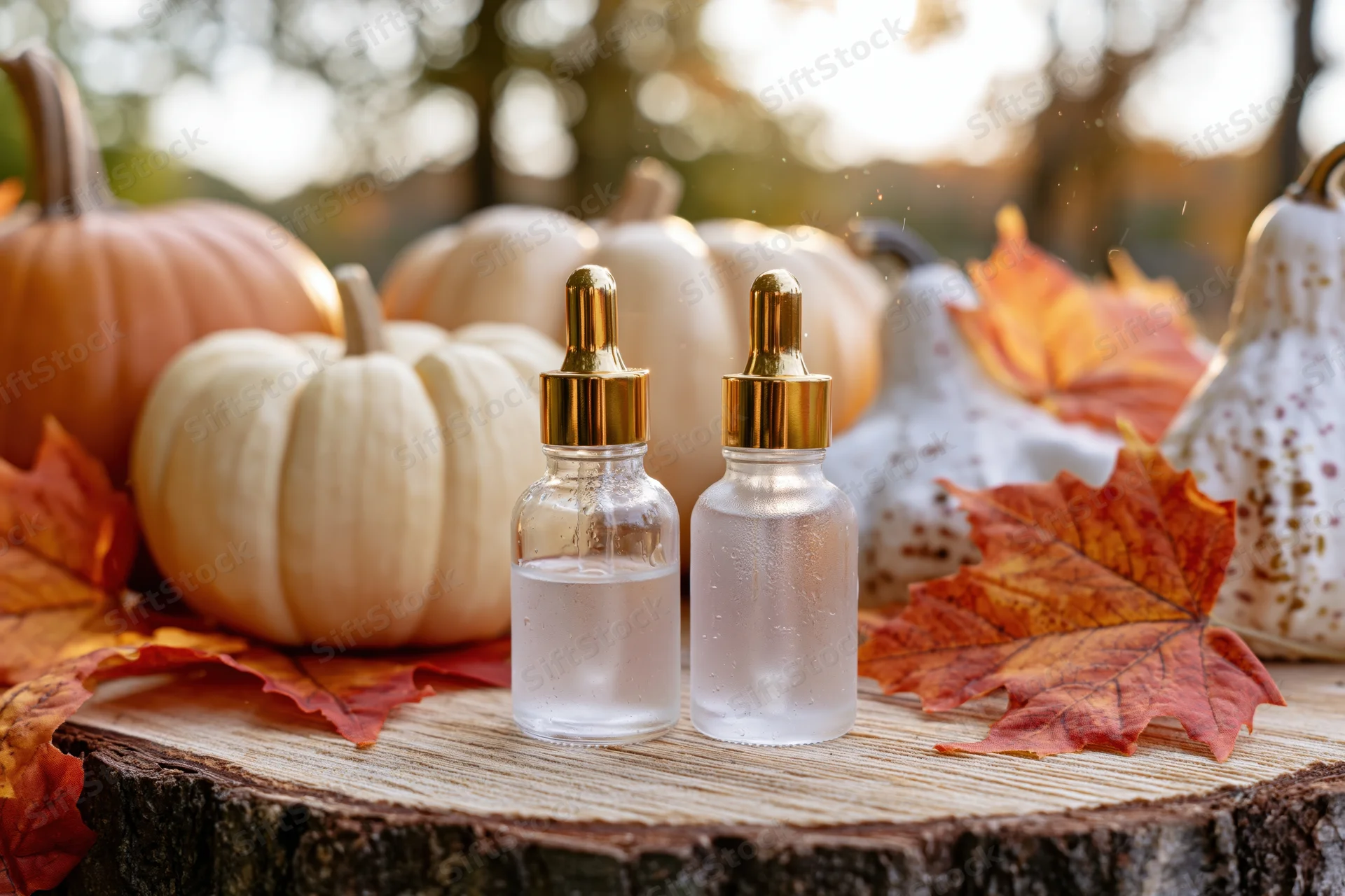Two glass dropper bottles with clear liquid on a wooden log surrounded by pumpkins and autumn leaves outdoors