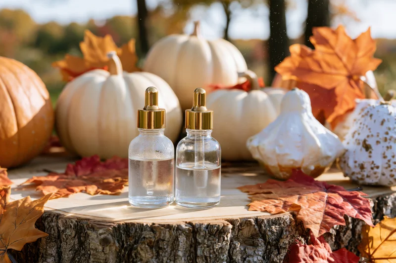 Glass dropper bottles with essential oil on a tree stump surrounded by pumpkins and autumn leaves outdoors