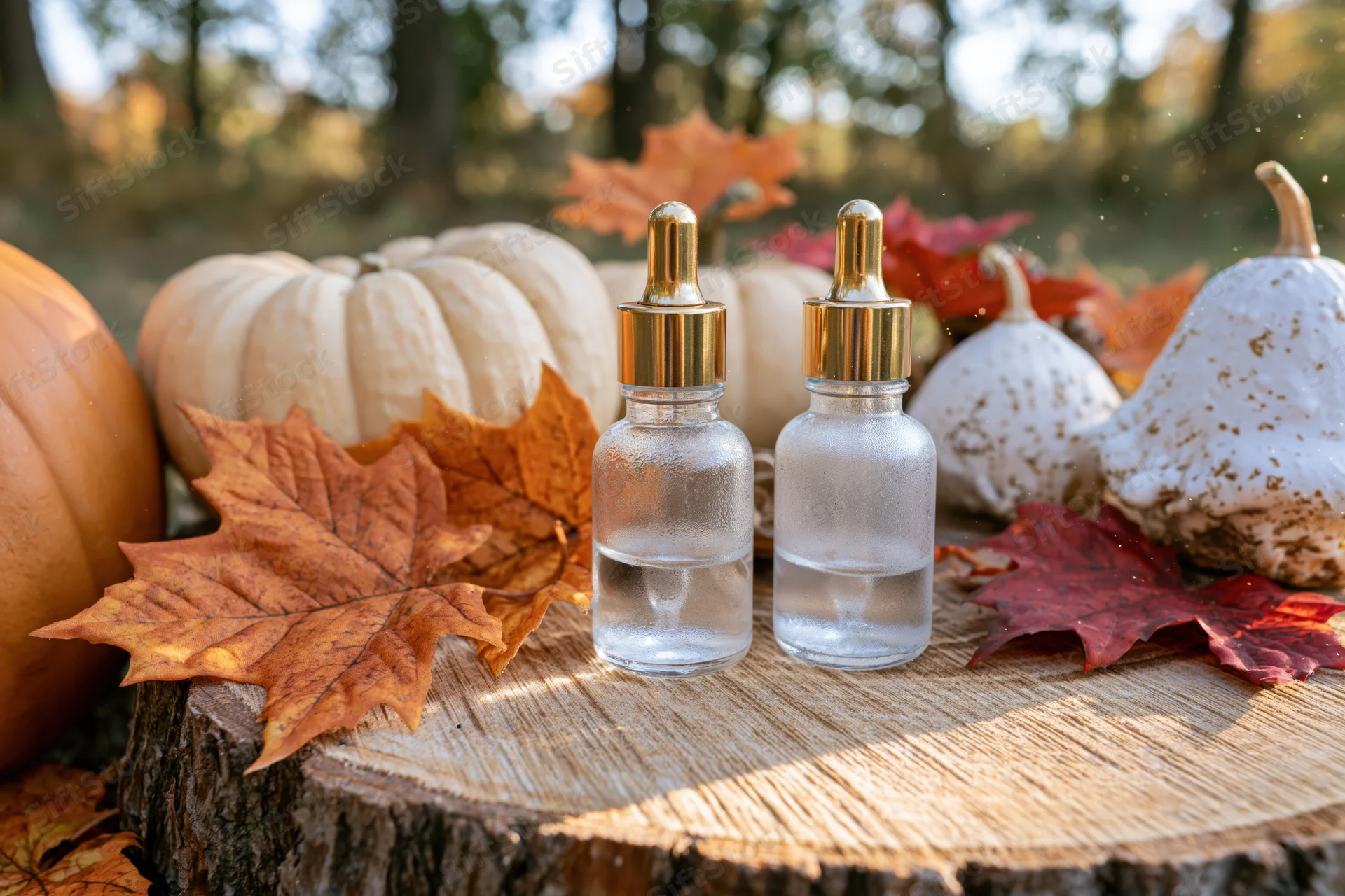 Two glass dropper bottles with gold caps on a tree stump surrounded by pumpkins and autumn leaves outdoors