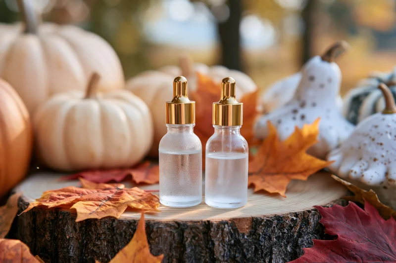 Two glass dropper bottles with gold caps on a tree stump surrounded by pumpkins and autumn leaves outdoors