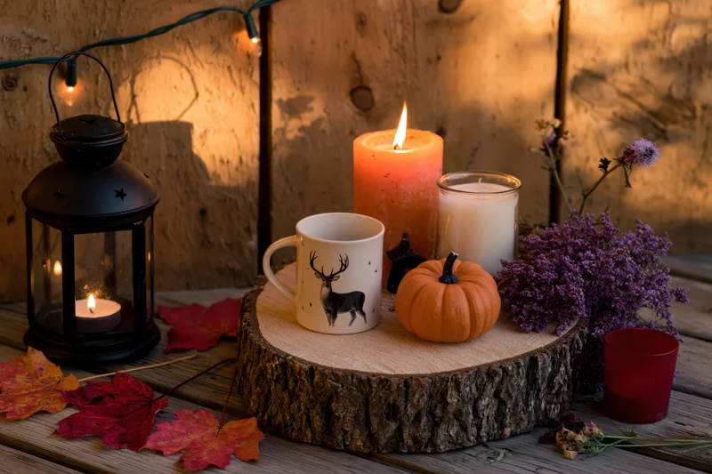Autumn still life with candles, pumpkin, mug and lantern on wooden slice and table