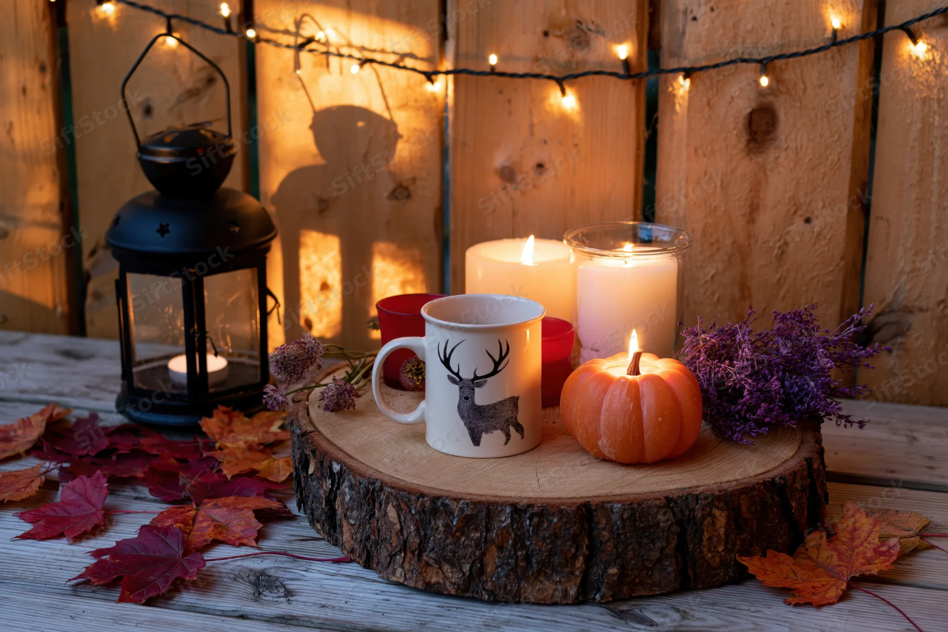 Autumn still life with mug, pumpkin, candles and lantern on wooden table surrounded by leaves and string lights