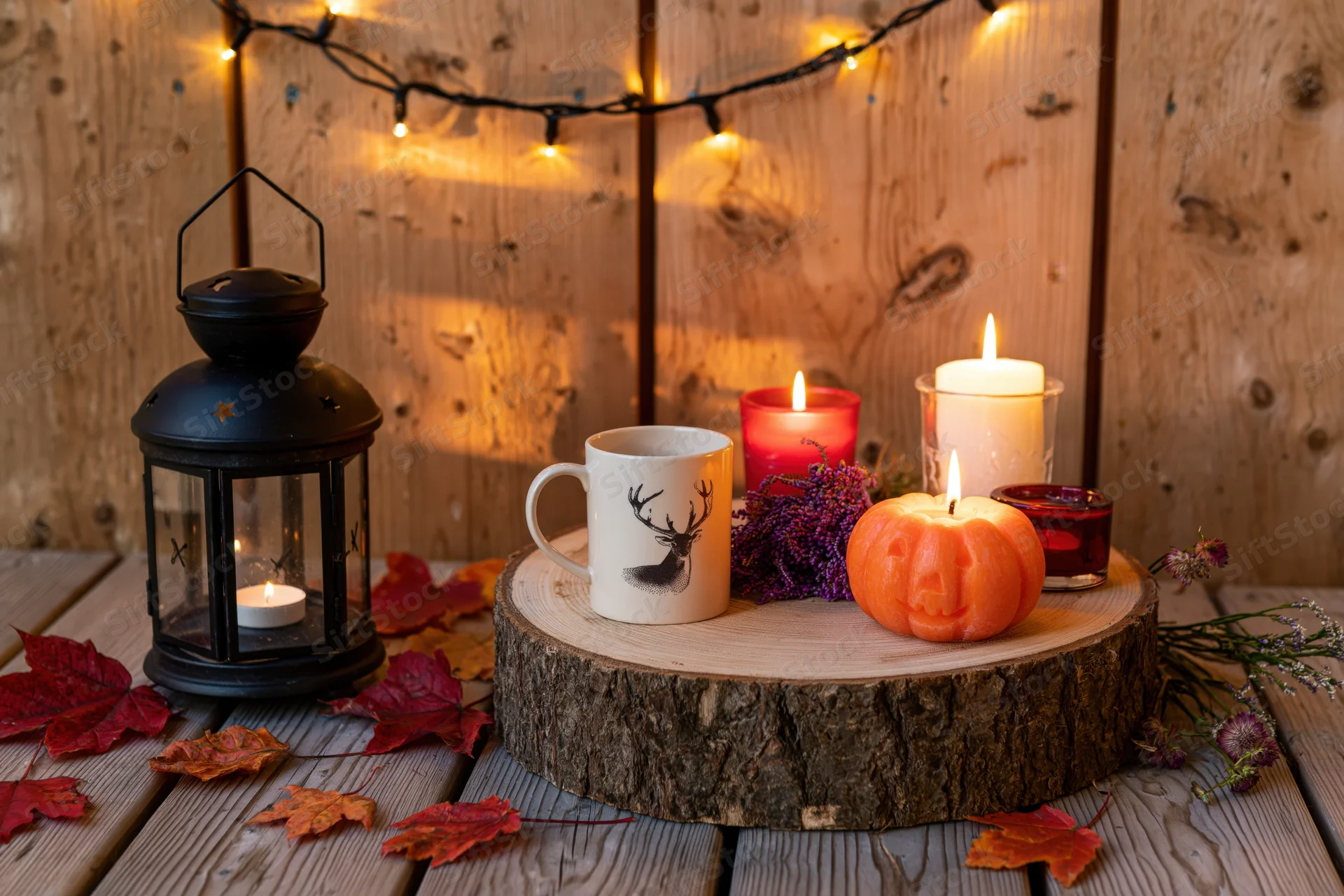 Autumn still life with candles, pumpkin, lantern and mug on wooden table with string lights and fallen leaves