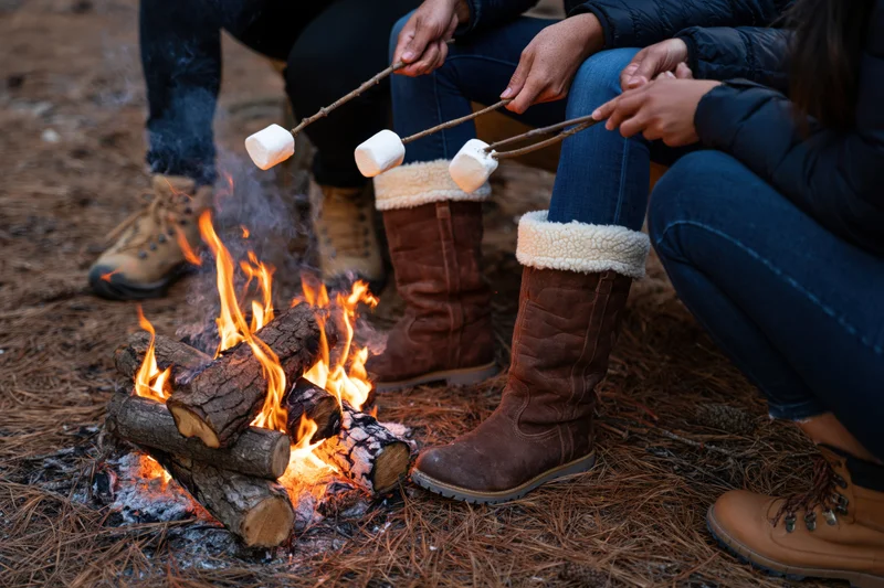 Friends roasting marshmallows over a campfire in a pine needle forest clearing
