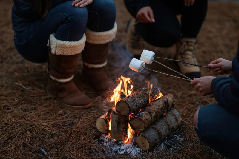 People roasting marshmallows over a campfire on a pine needle ground at dusk