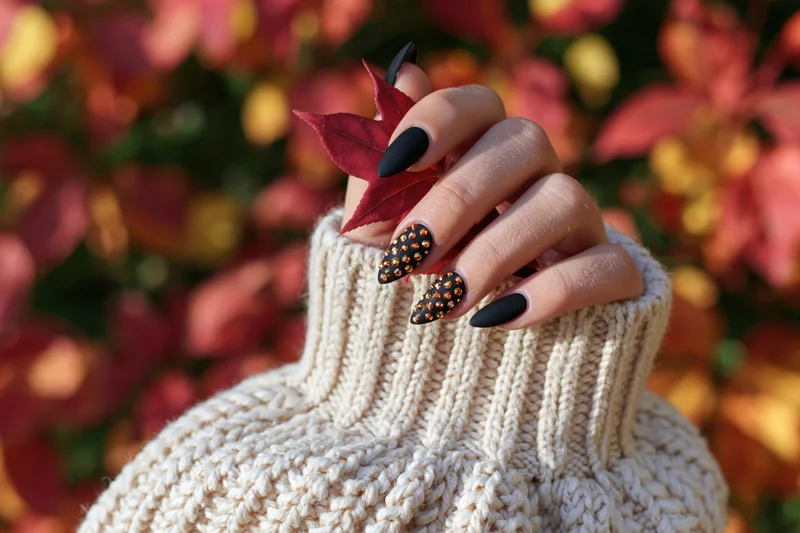 Woman's hand with black manicure holding red autumn leaf, wearing cream knitted sweater, outdoors among fall foliage