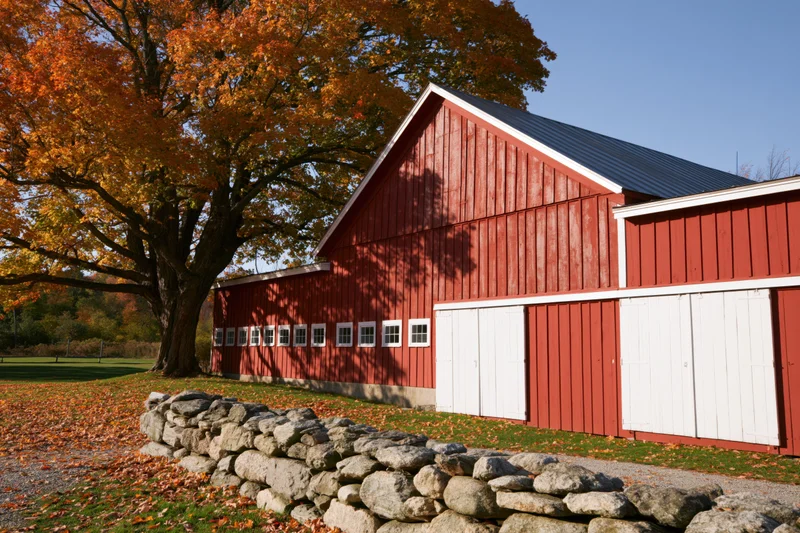 Red barn with white trim and stone wall beside autumn tree under clear blue sky
