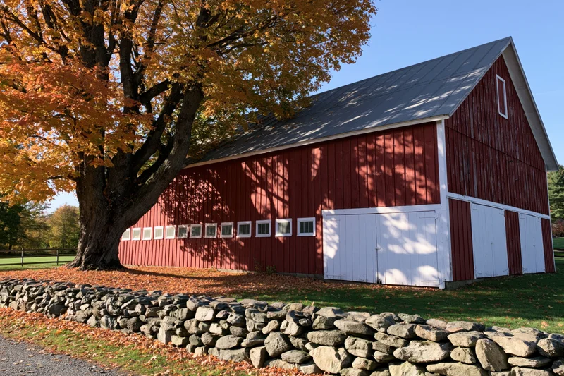 Red barn with white doors and windows beside a maple tree in autumn, surrounded by stone wall and fallen leaves under clear blue sky
