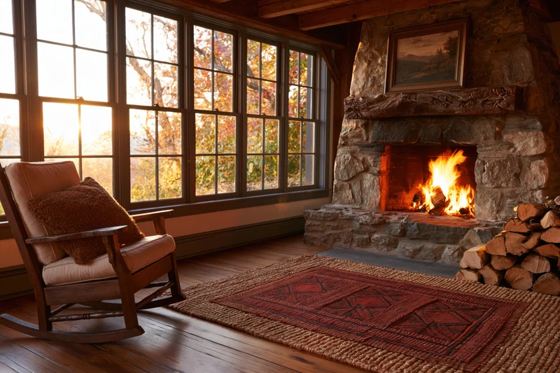 Rustic cabin interior with stone fireplace and rocking chair by large windows overlooking autumn trees at sunset