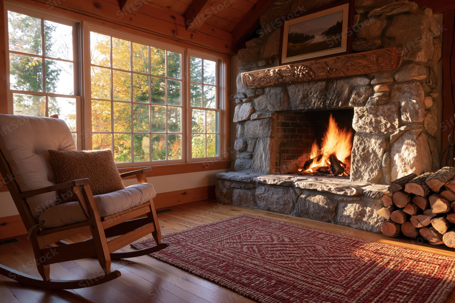 Rustic cabin interior with fireplace burning and rocking chair by window overlooking autumn trees