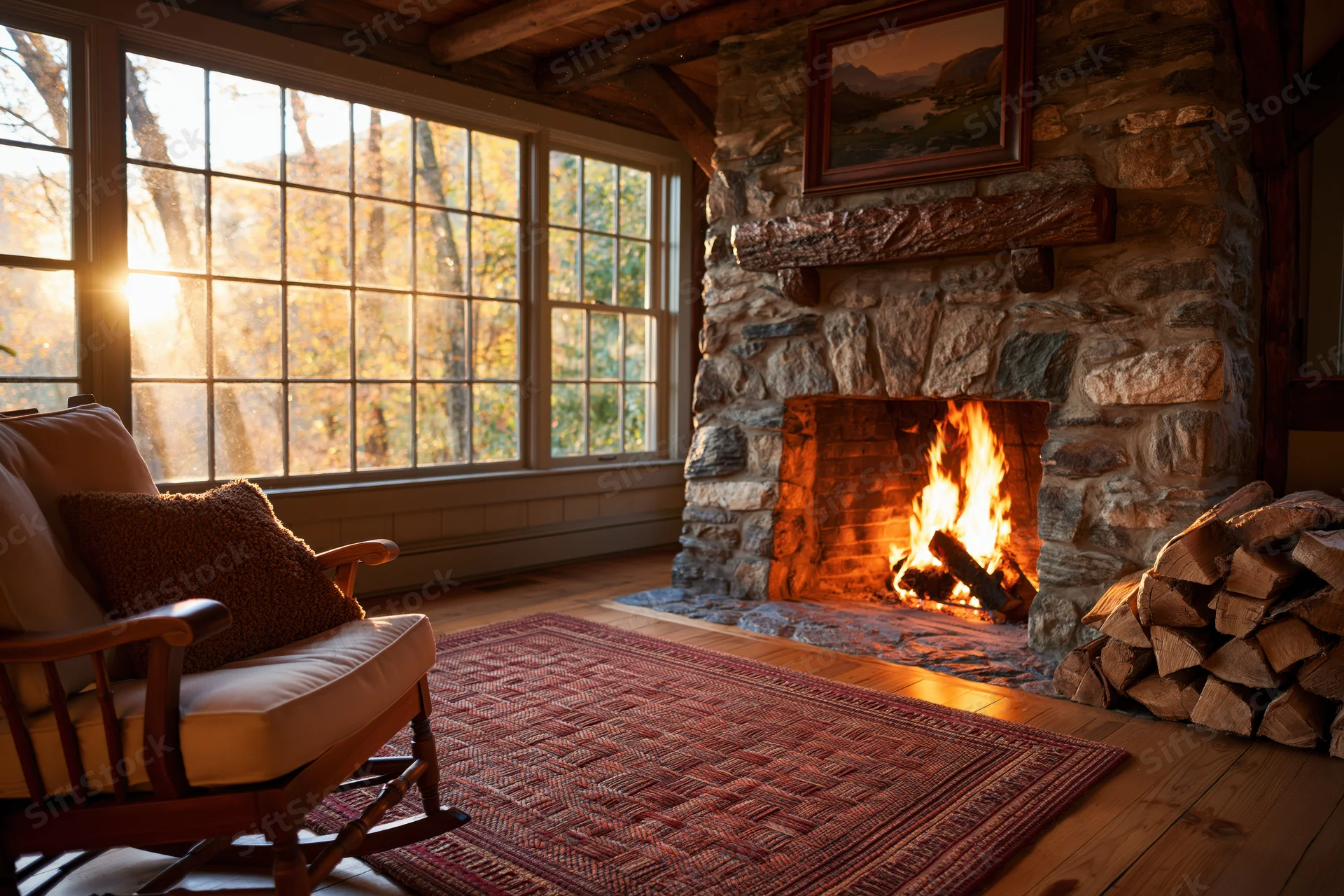 Rustic cabin interior with fireplace burning and rocking chair by large window overlooking autumn trees