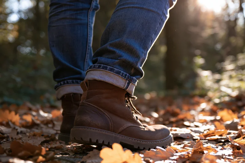 Person wearing brown boots and blue jeans walking on a leaf-covered forest path in autumn sunlight