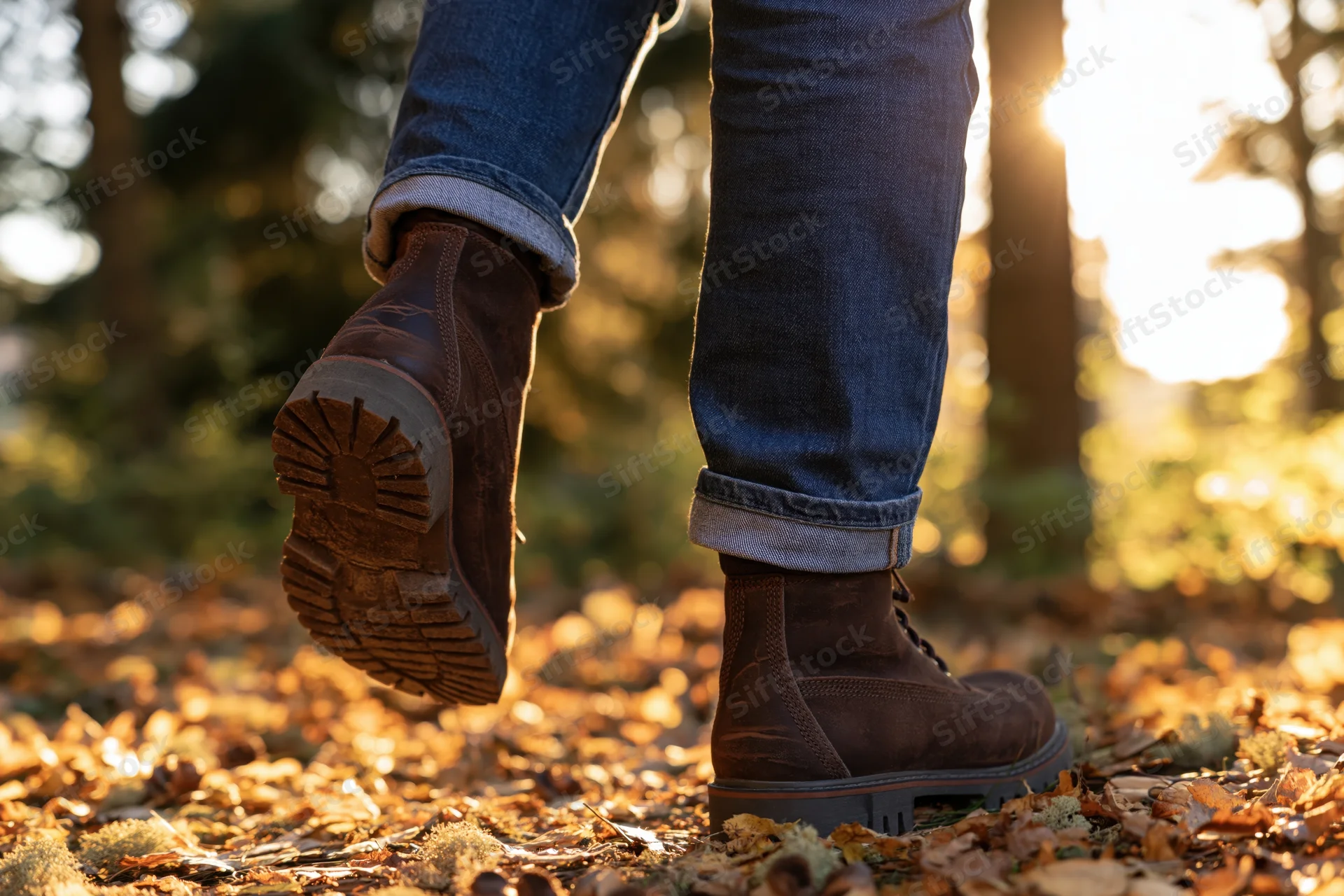 Person walking on a leaf-covered forest path in autumn, wearing brown boots and jeans, low-angle view behind legs