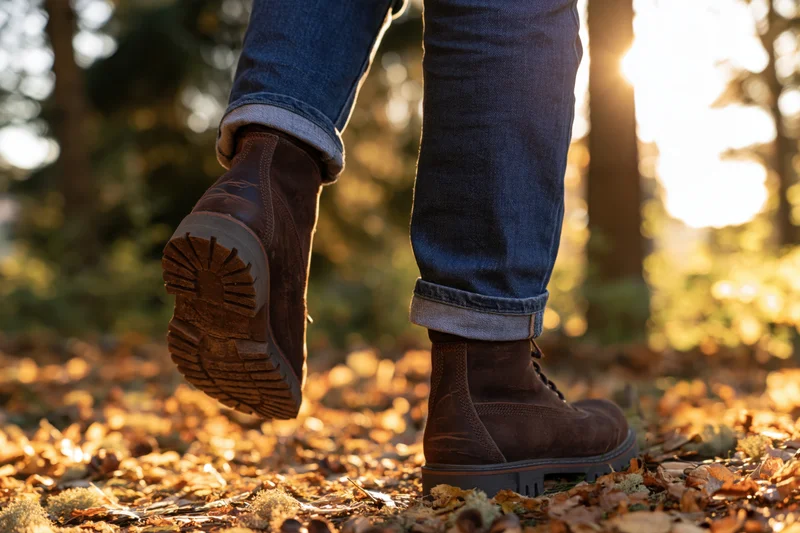 Person walking on a leaf-covered forest path in autumn, wearing brown boots and jeans, low-angle view behind legs