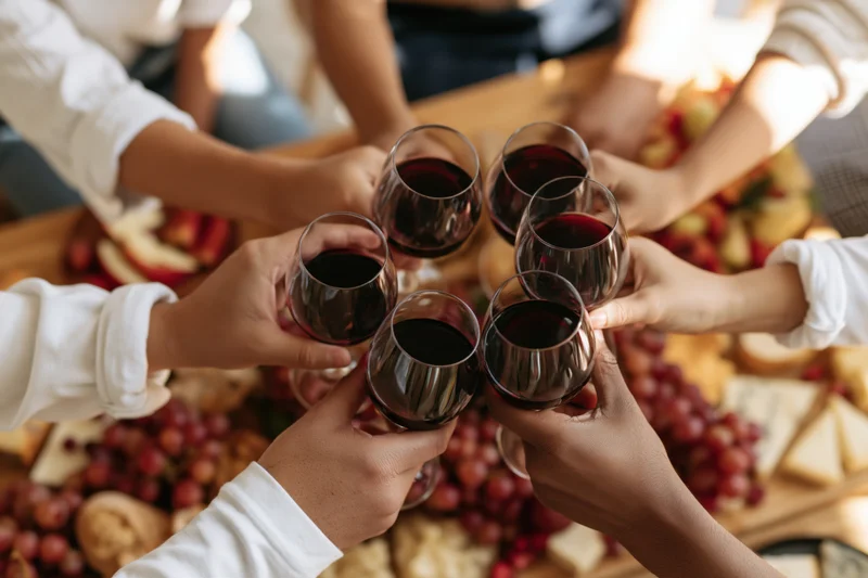 Hands holding wine glasses toasting over a charcuterie board with cheese and grapes