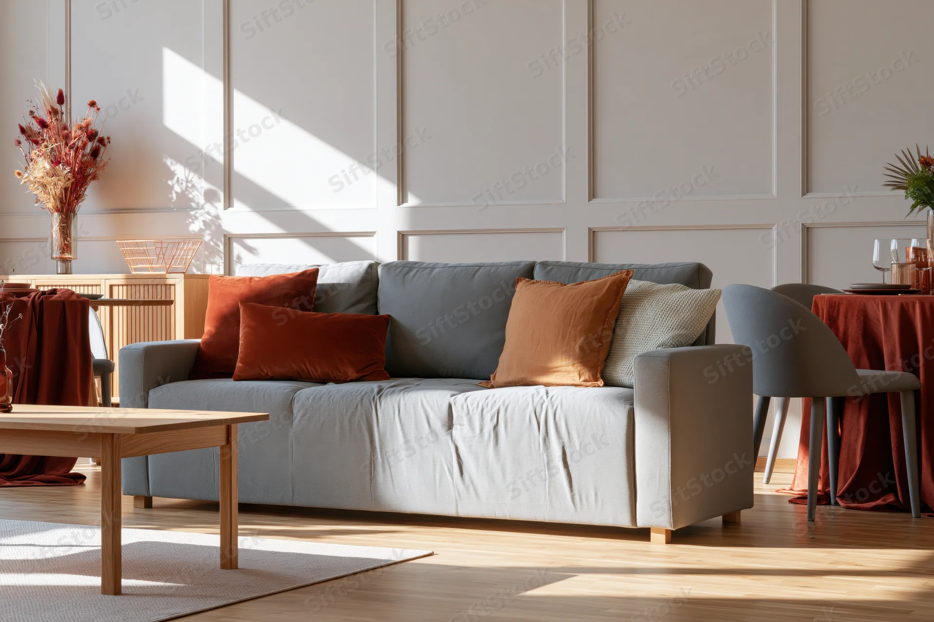 Gray sofa with orange and brown cushions in a bright modern living room with wooden flooring and sunlight streaming through windows
