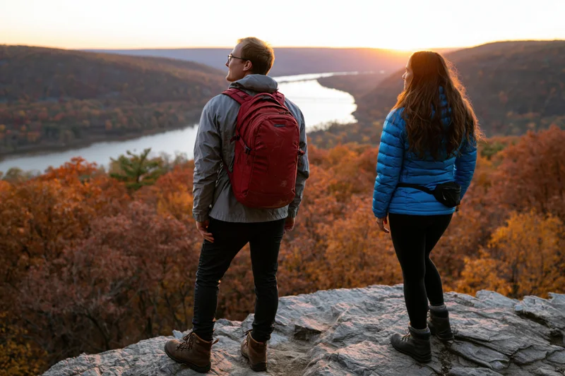 Couple standing on rocky outcrop overlooking autumn forest and river at sunset