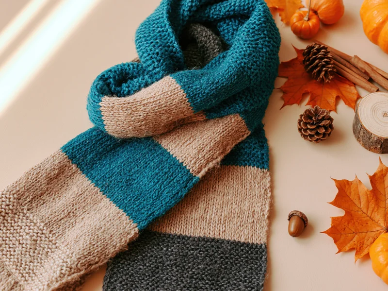 Knitted scarf with autumn decorations arranged on a flat surface