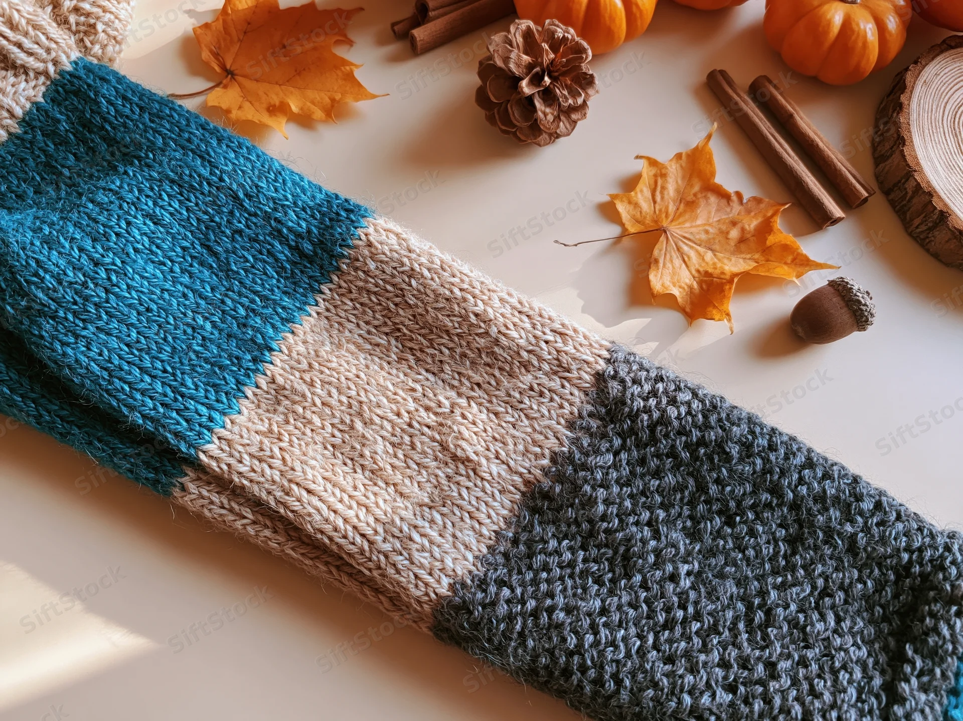 Knitted scarf with autumn leaves and pumpkins arranged on a flat surface