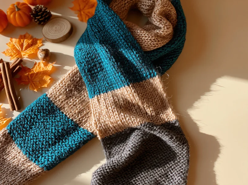 Knitted scarf with autumn decorations arranged on a light surface