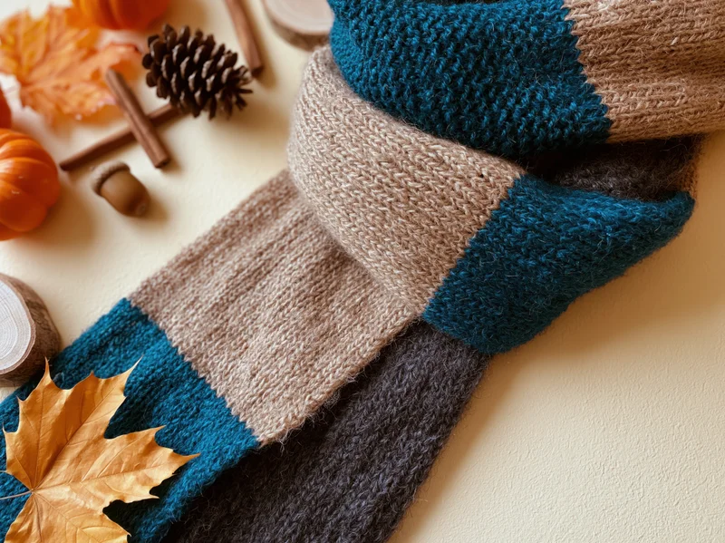 Knitted scarf with autumn leaves and pinecones arranged on a flat surface