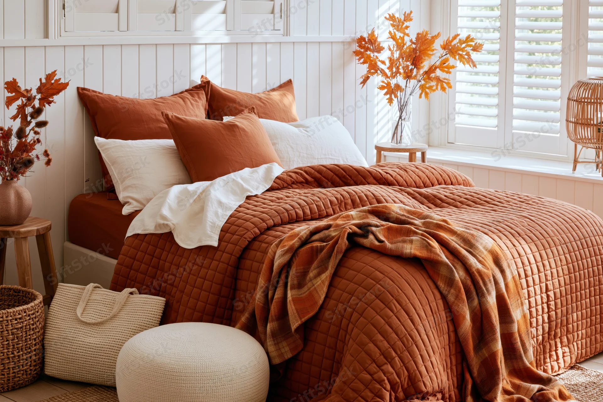 Cozy autumn bedroom with orange quilt and white pillows near a window with shutters